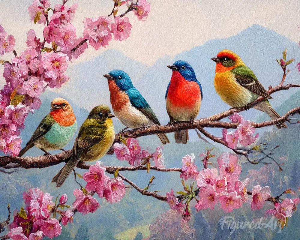 Broderie diamant oiseaux chanteurs - Paysage poétique et coloré