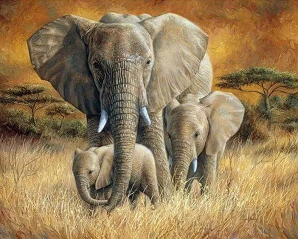 Broderie diamant éléphants - La Famille Eléphants en diamants carrés ou ronds