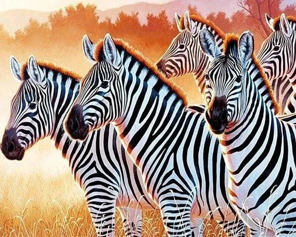 Broderie diamant La Famille Zèbres - Scène animalière élégante et moderne