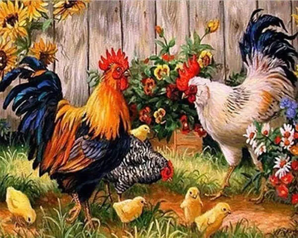 Broderie diamant La Ferme des Coqs - Scène animalière à la française