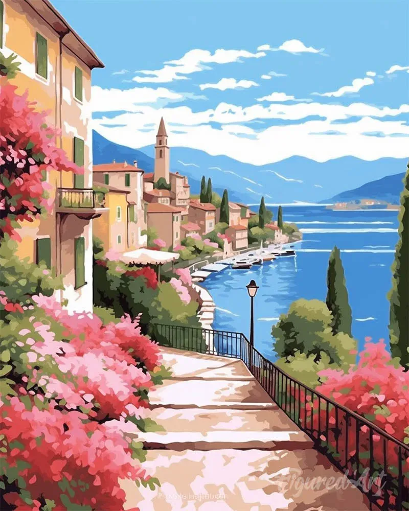 Broderie diamant lac de Côme en fleurs - 40x50 cm