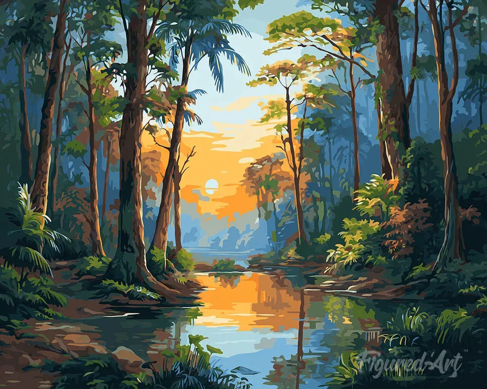 Broderie diamant Lac de la forêt tropicale