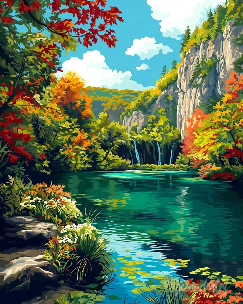 Broderie diamant Lac émeraude en automne