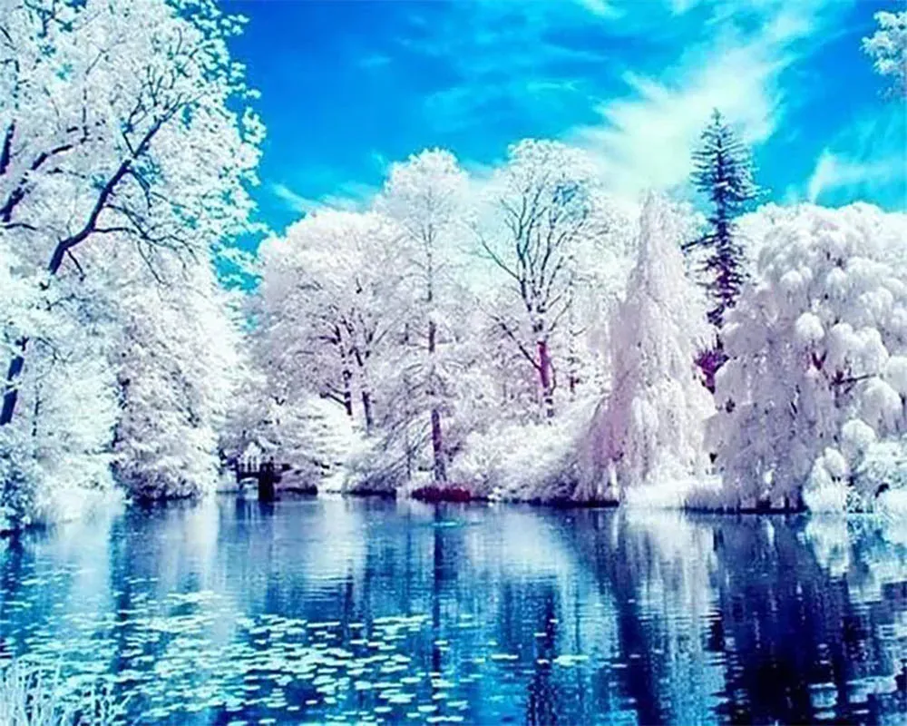 Broderie diamant Lac en Hiver