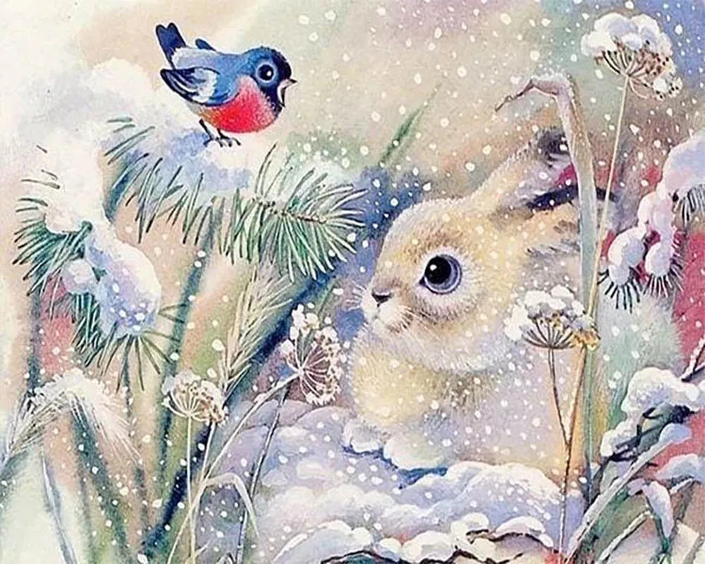 Broderie diamant Lapin blanc dans la Neige - Kit animaux hiver scintillant