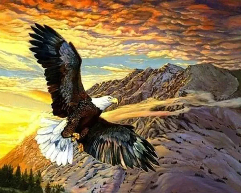 Broderie diamant Le Vol de l'Aigle - Scène animalière majestueuse en diamants