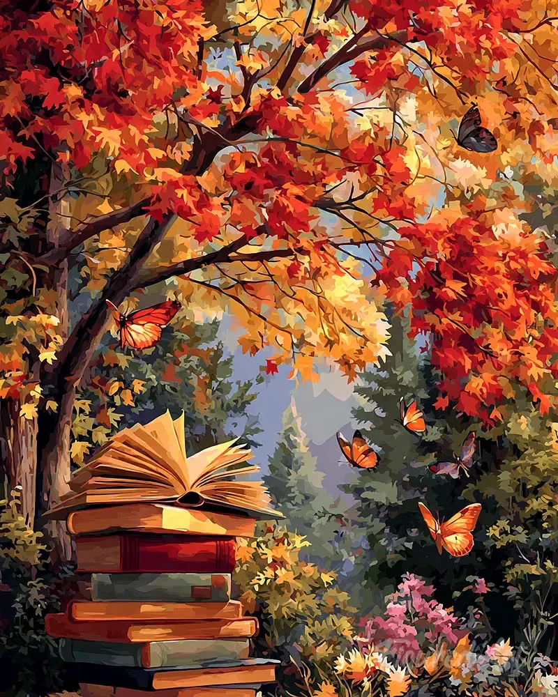 Broderie diamant Lecture d'automne et papillons