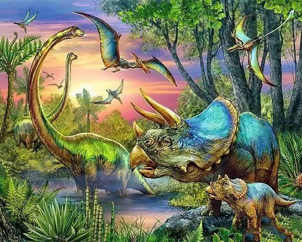Broderie diamant dinosaures - Tableau préhistorique fantaisie en kit