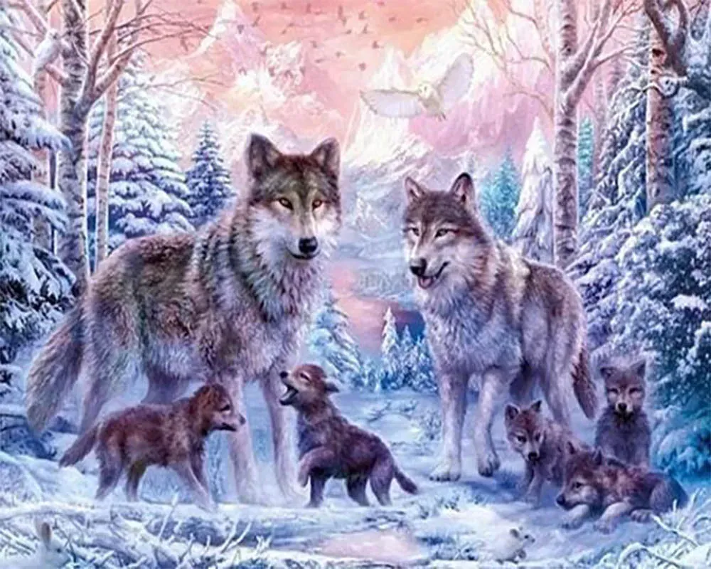 Broderie diamant Les Loups - Scène sauvage et majestueuse en diamants