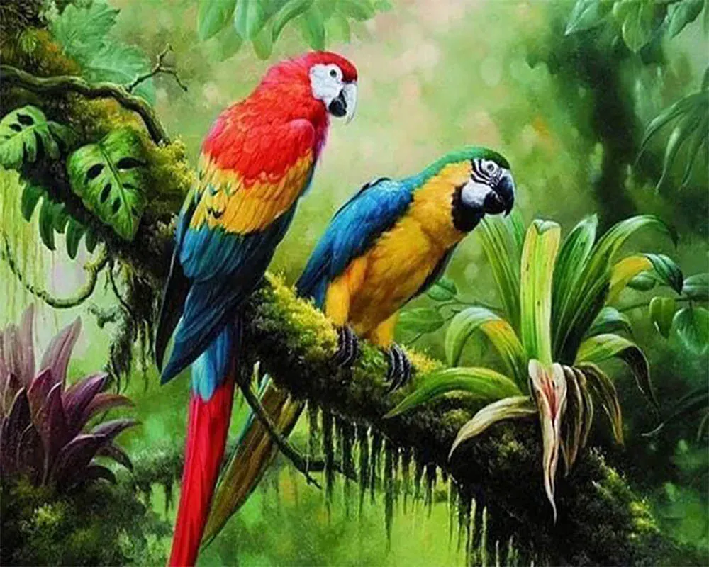 Broderie diamant perroquets - Kit complet aux couleurs tropicales