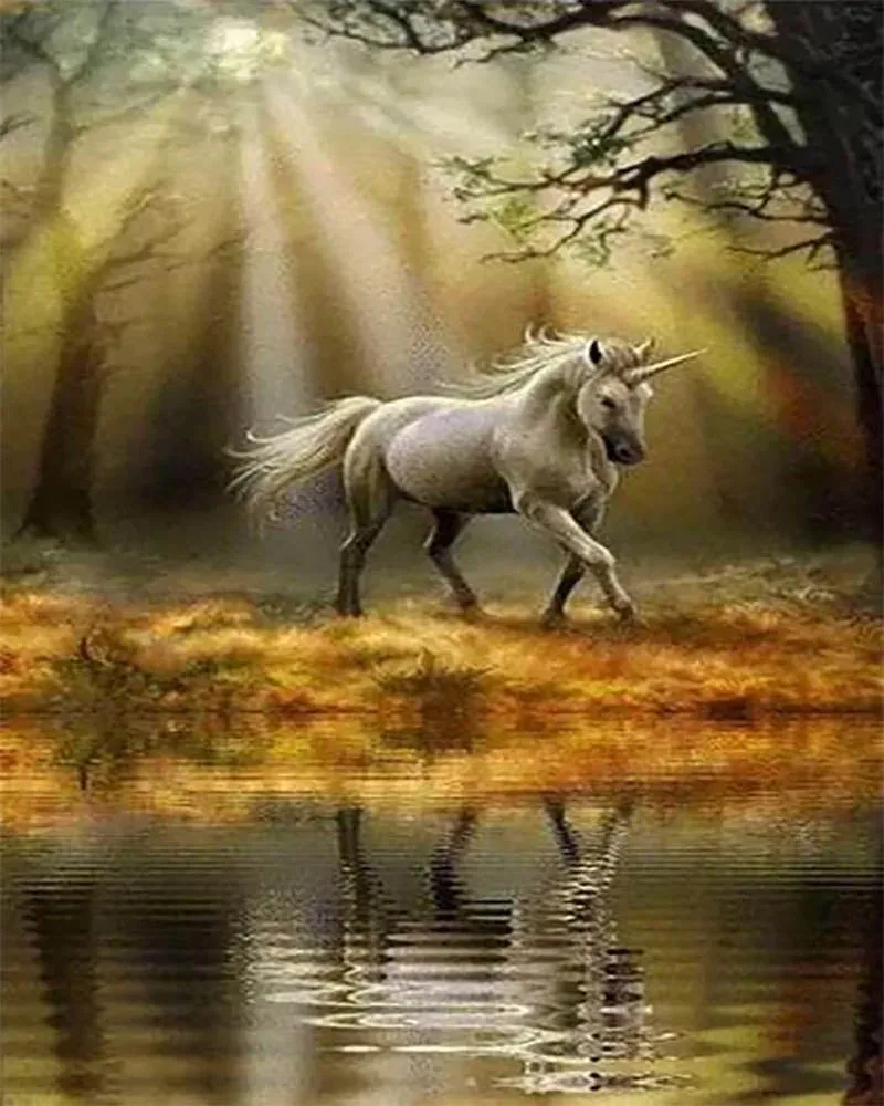 Broderie diamant Licorne au bord de l'Eau