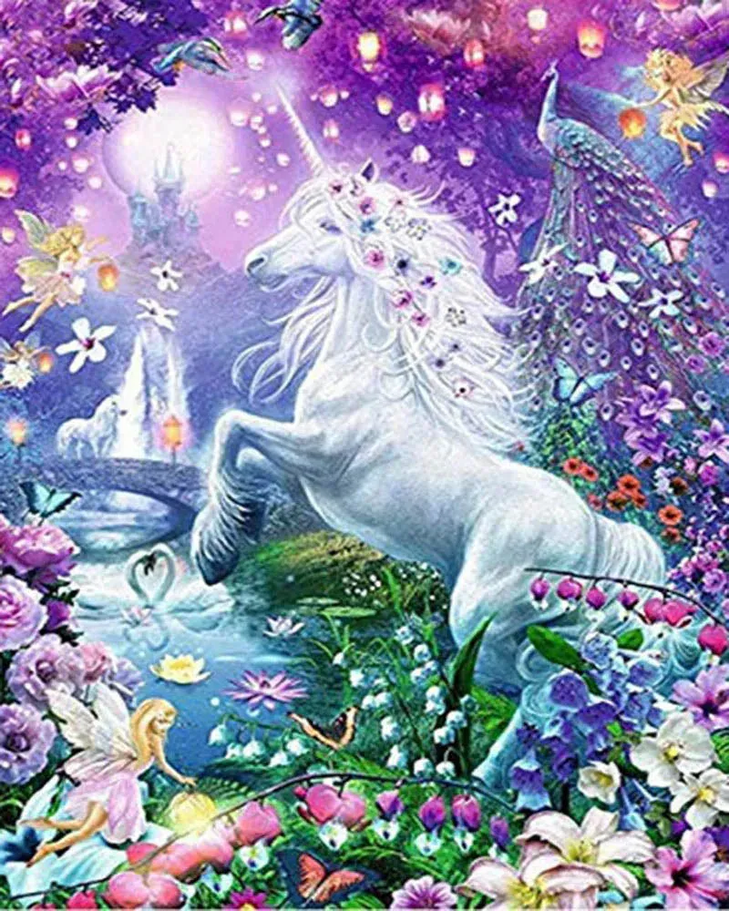 Broderie diamant Licorne et paysage féérique