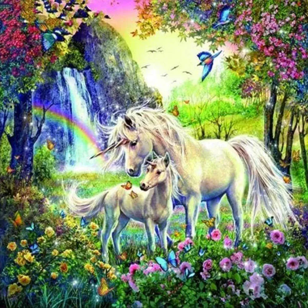 Broderie diamant Licorne et son Petit dans un Champ fleuri