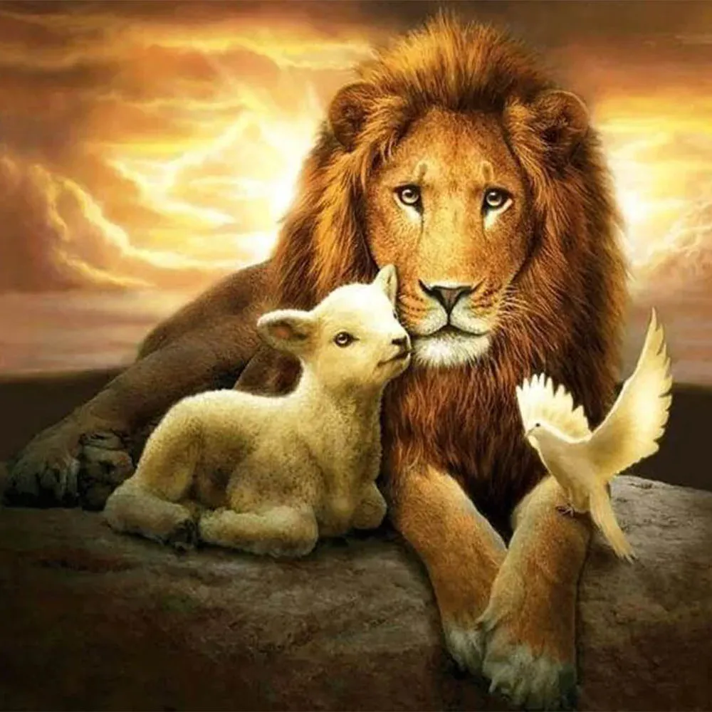 Broderie diamant Lion, Brebis et Oiseau - Scène animalière harmonieuse