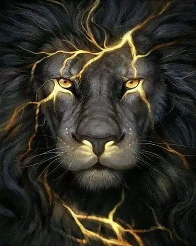 Broderie diamant Lion Éclair - Majesté animale en diamants scintillants