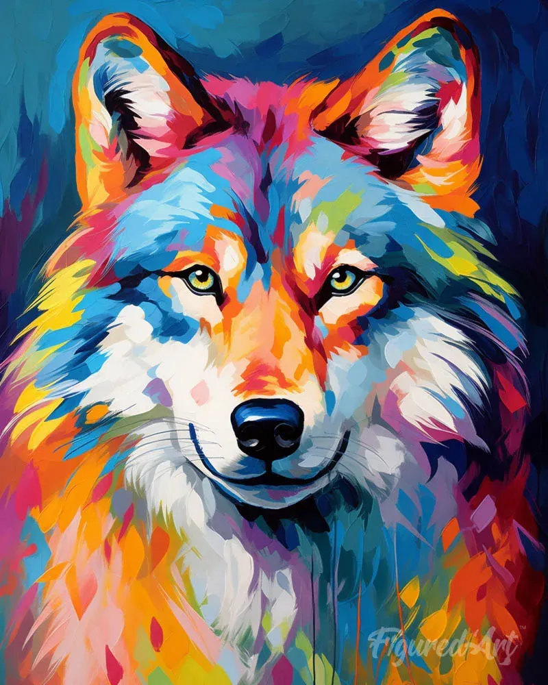 Broderie diamant loup abstrait coloré sur toile tendue 40x50 cm