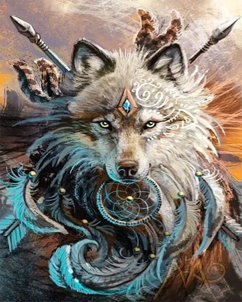 Broderie diamant Loup Guerrier