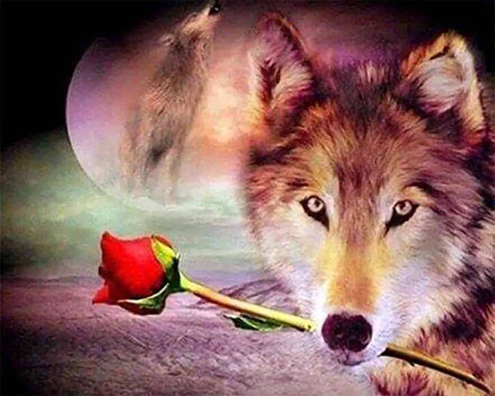 Broderie diamant Loup Romantique - Élégance animale en diamants scintillants