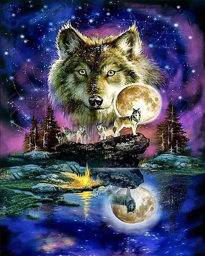 Broderie Diamant Loups sous un Ciel Lunaire - Mille Facettes