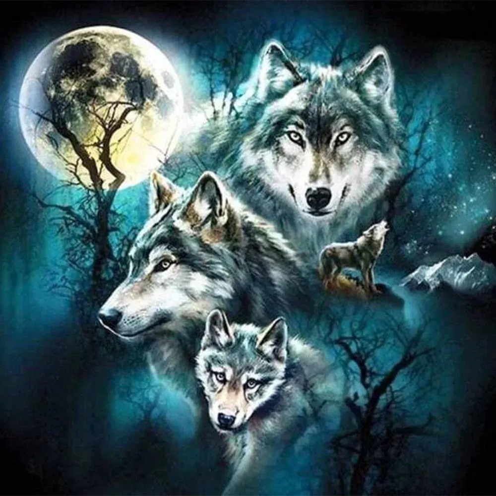 Broderie diamant Loups et Pleine Lune