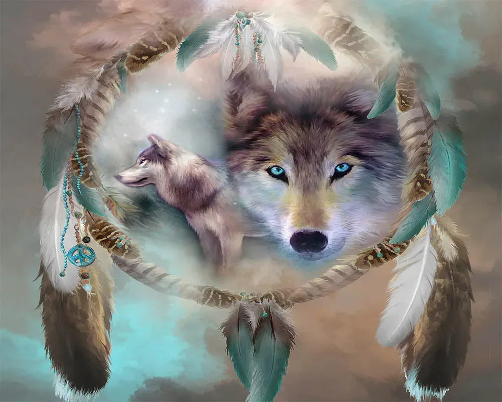 Broderie diamant Loups et Plumes - Scène animalière élégante en kit