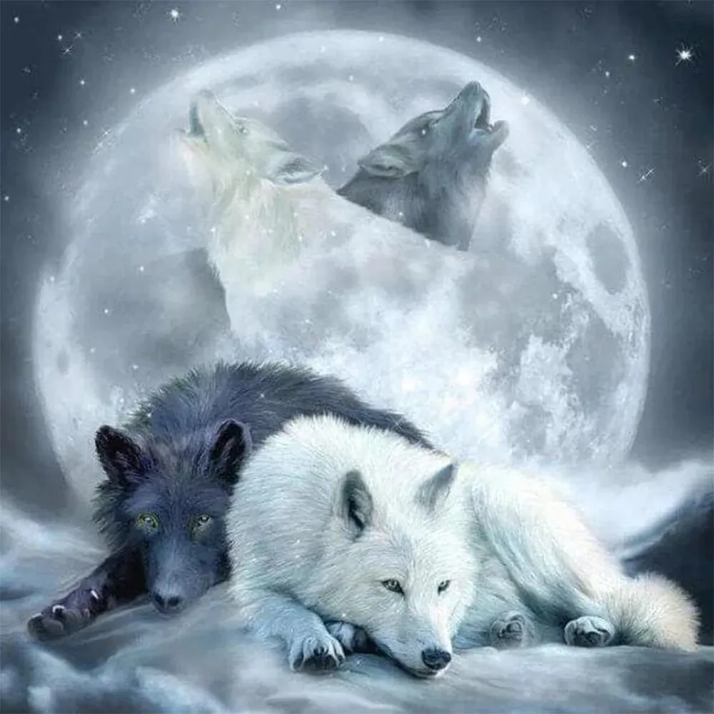 Broderie diamant Loups hurlant à la Lune - Scène nocturne animalière