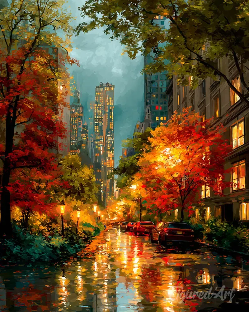 Broderie diamant Lumières de la ville en automne