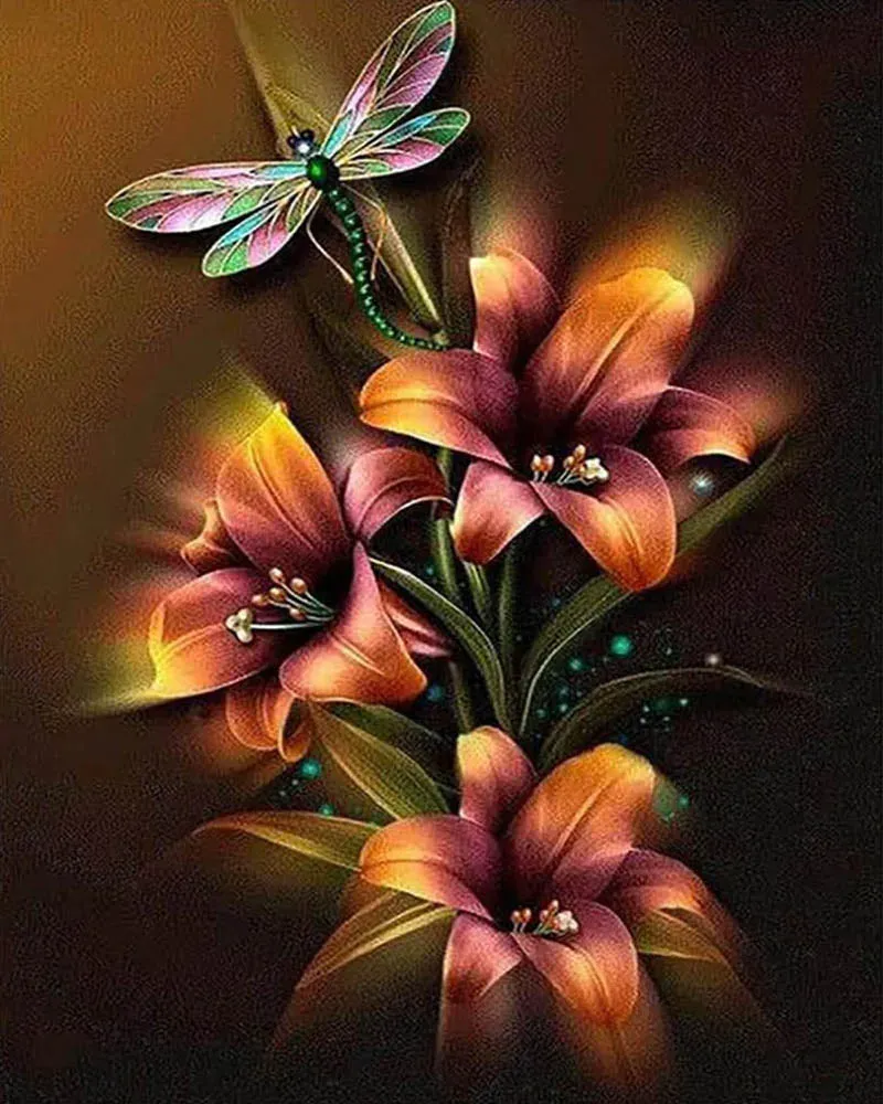 Broderie diamant Lys et Libellule - Élégance florale et poésie naturelle