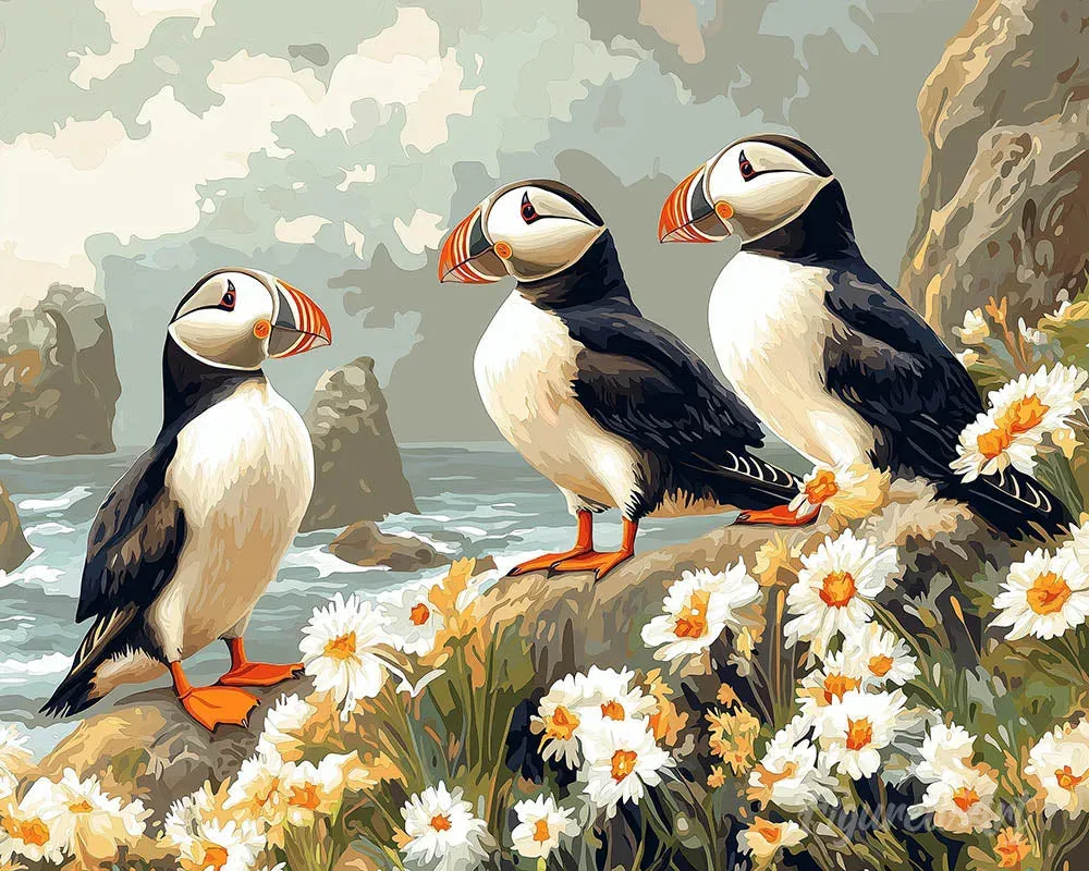Macareux parmi les marguerites - Broderie diamant animalière