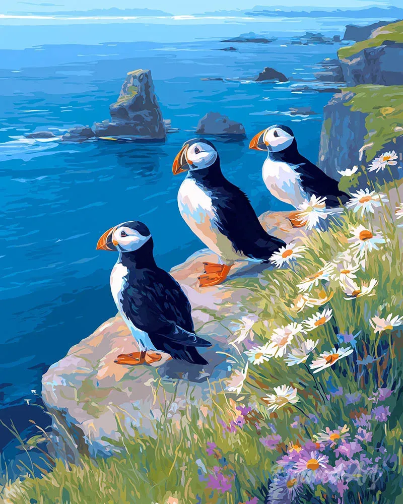 Macareux sur les falaises océaniques - Broderie diamant animalière