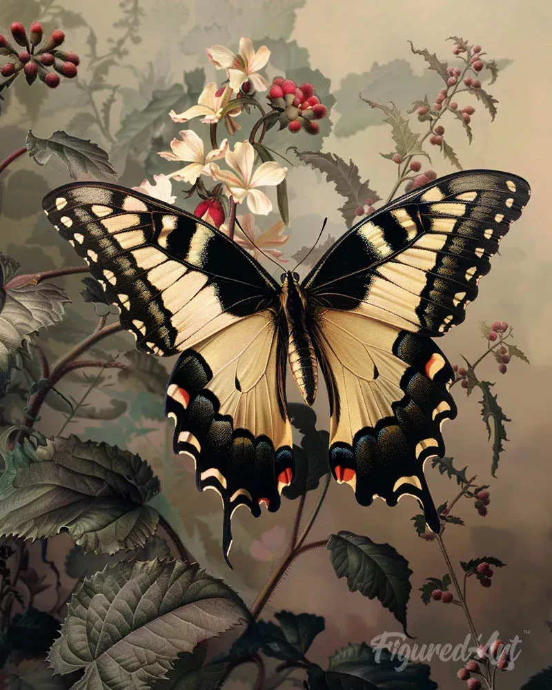 Machaon et Fleurs blanches - Broderie diamant élégante et naturelle