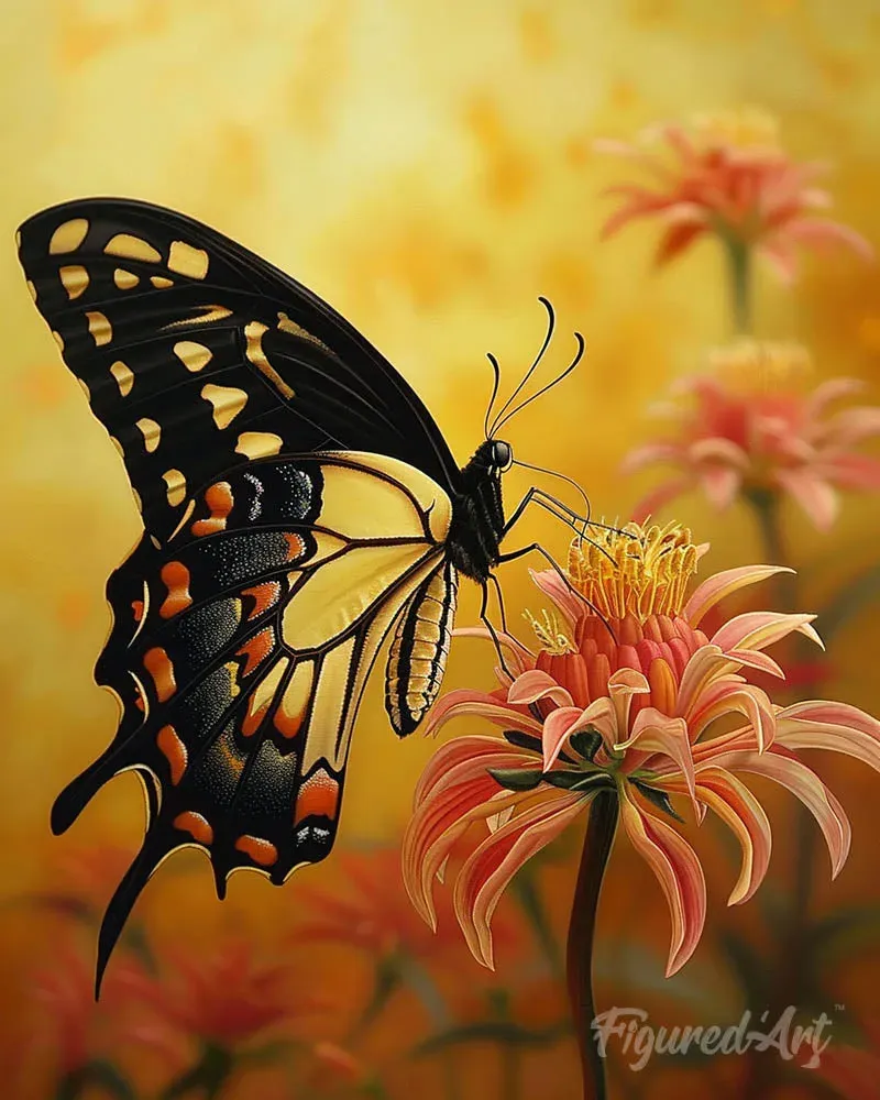 Broderie diamant Machaon et Fleurs orangées
