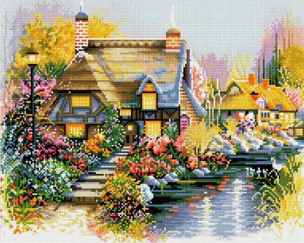 Broderie diamant Maison au bord de la rivière