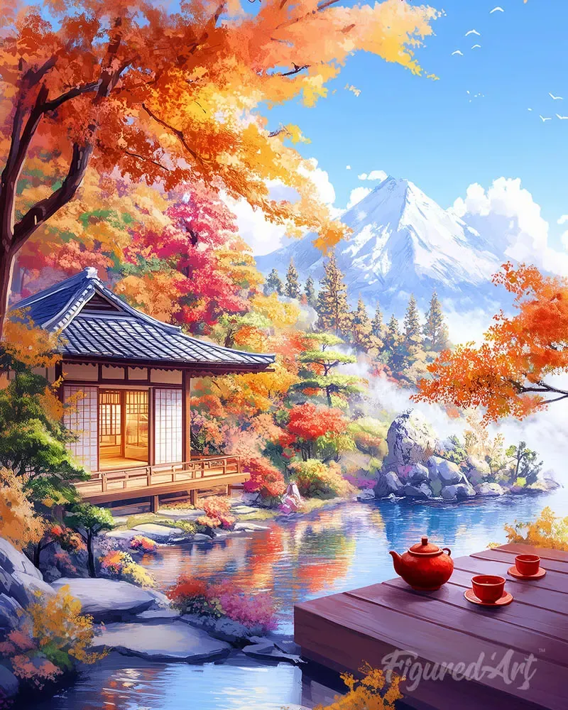 Broderie diamant Maison de Thé d’Automne au Bord du Lac - 20x25 cm