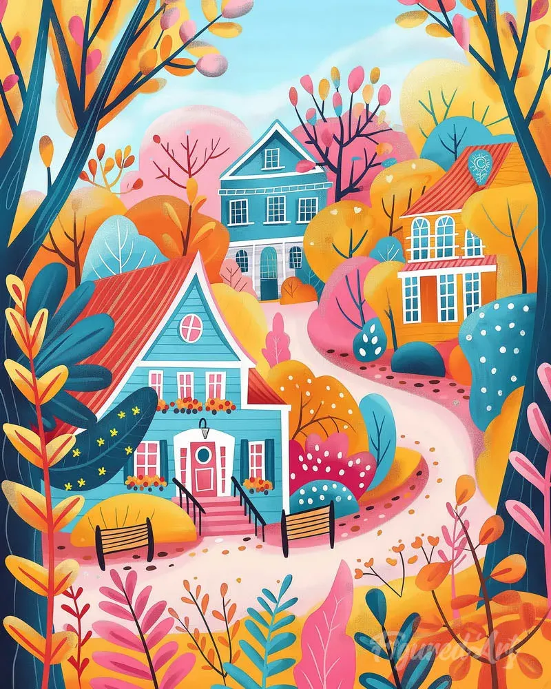 Broderie diamant Maisons colorées en Automne