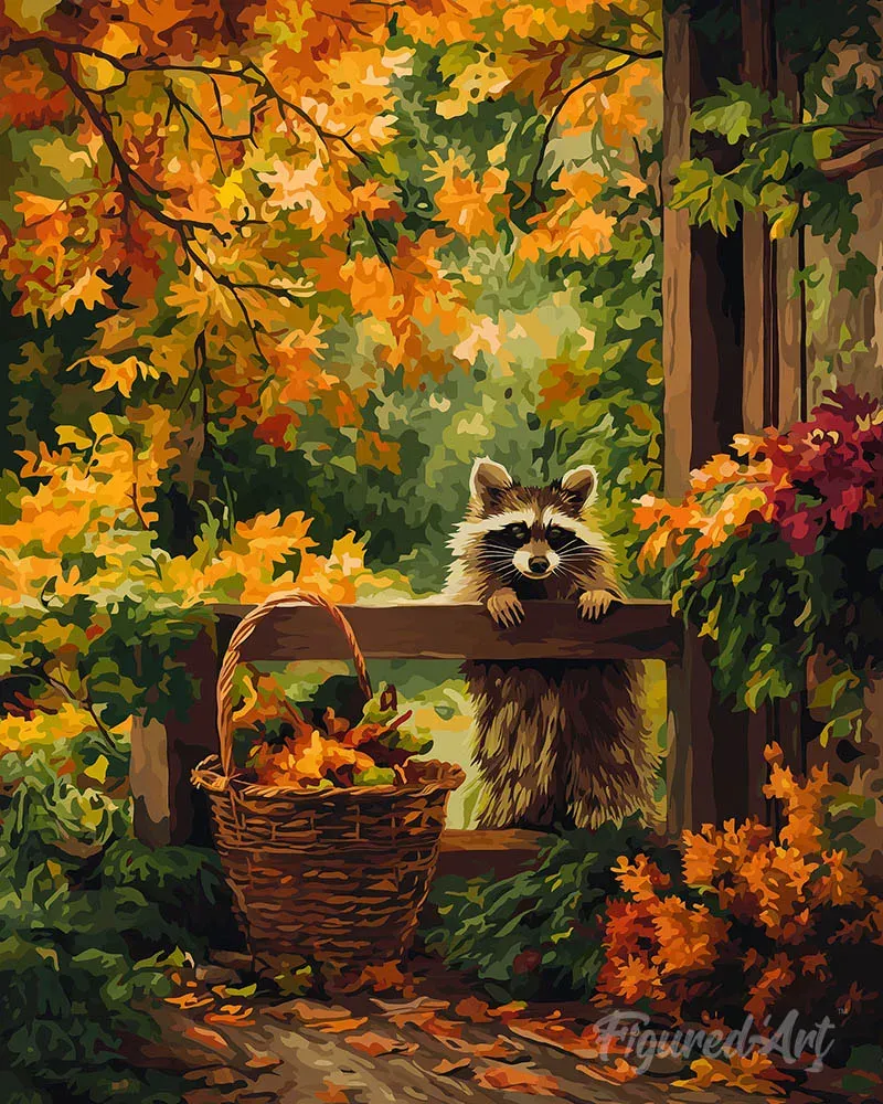Broderie diamant ratons laveurs en forêt d'automne - Mignons et colorés