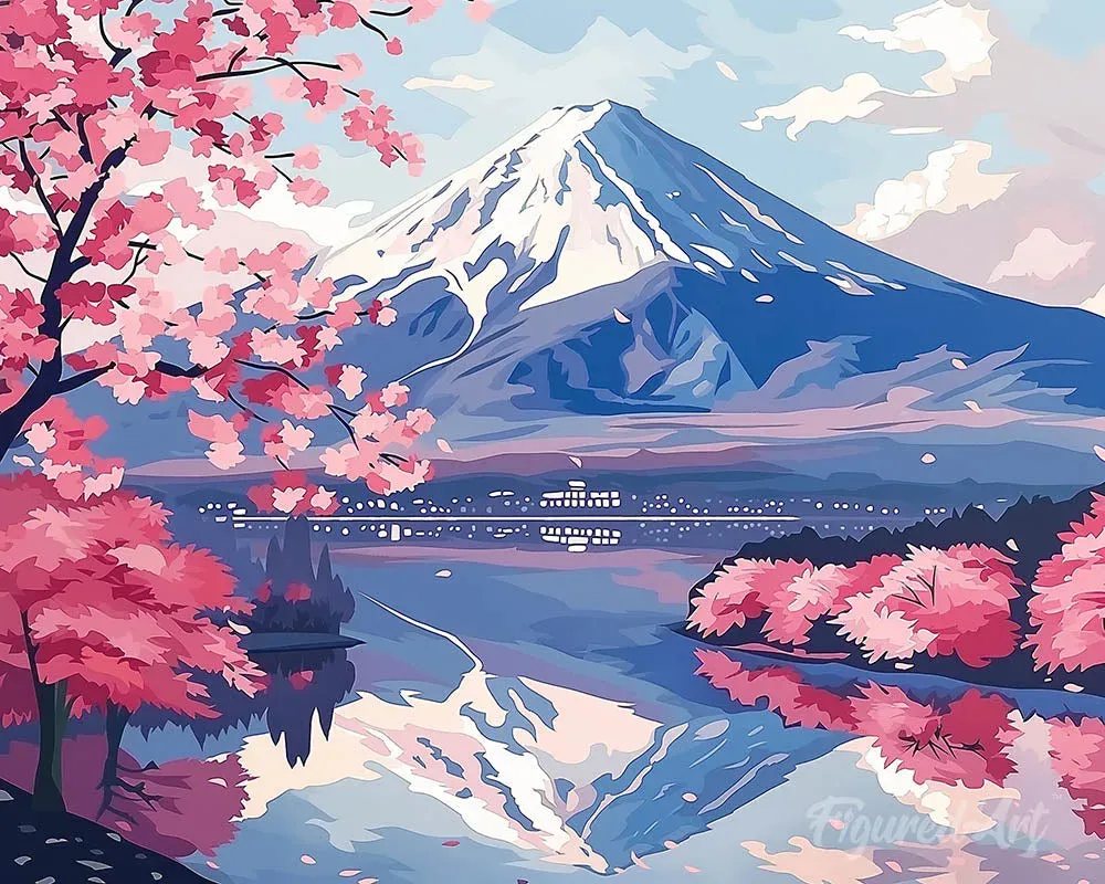 Broderie diamant Mont Fuji et Lac aux Cerisiers en Fleurs - 40x50 cm