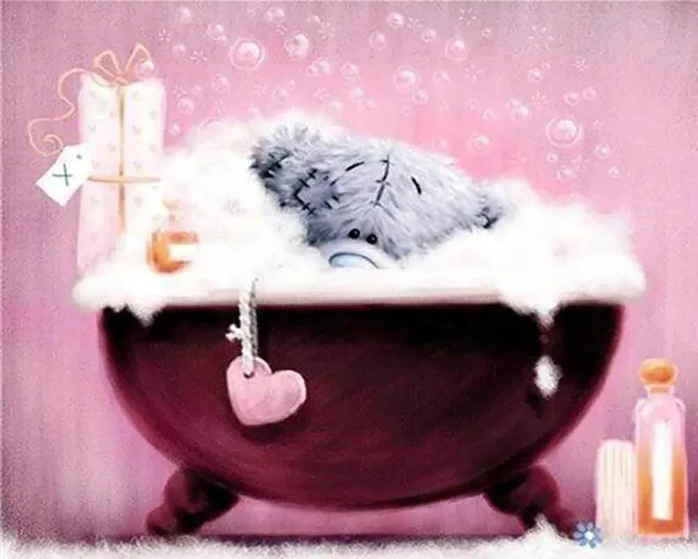 Broderie diamant Nounours dans son bain