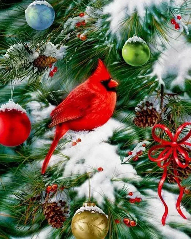 Broderie diamant Oiseau sur Sapin de Noël