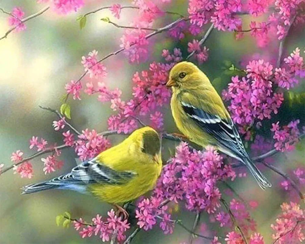 Broderie diamant Oiseaux sur Branche fleurie - Mille Facettes