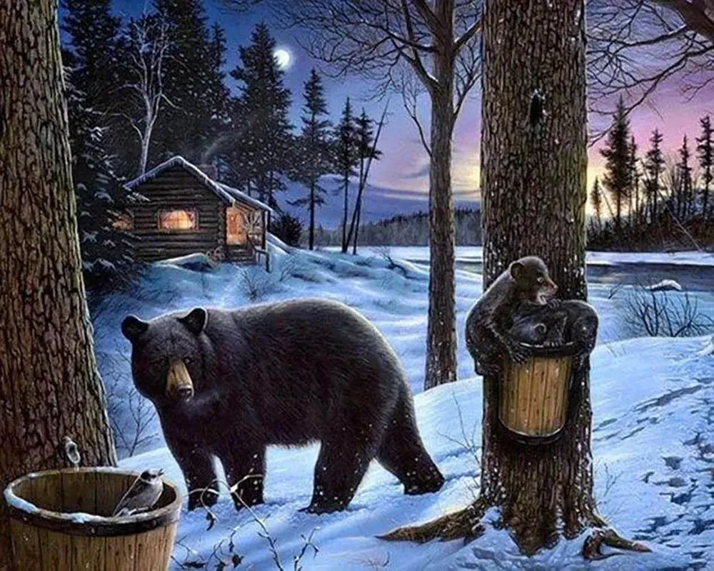 Broderie diamant Ours dans la Neige - Paysage hivernal scintillant