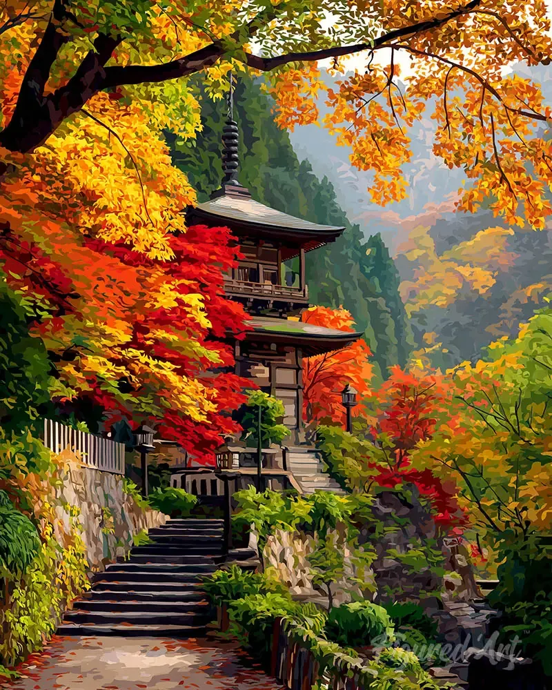 Broderie diamant Pagode japonaise en automne