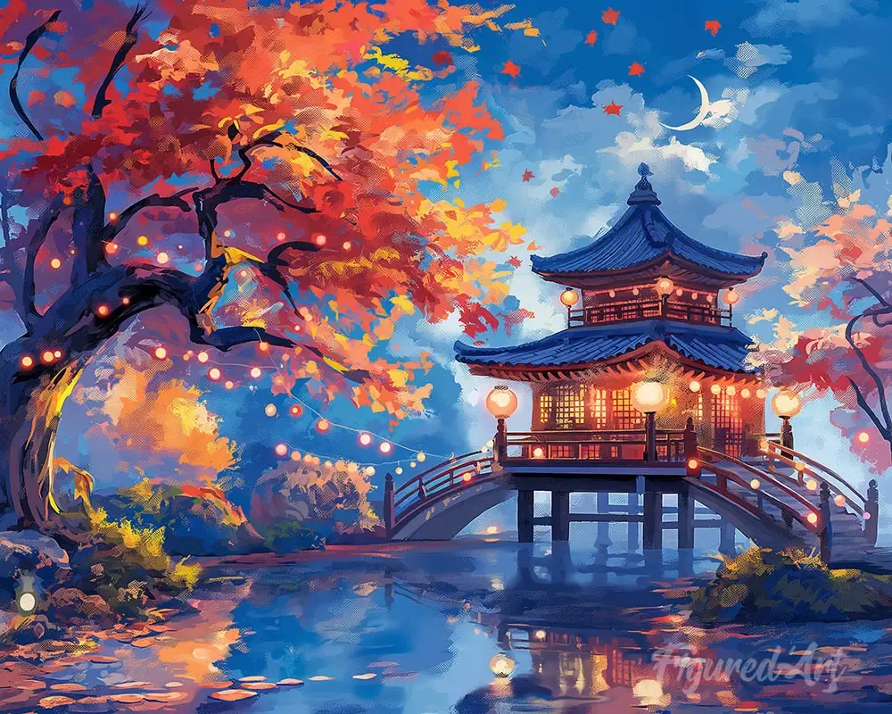 Broderie diamant Pagode par une Nuit d’Automne - 20x25 cm