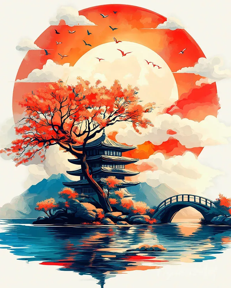 Broderie diamant Pagode sous le Soleil Levant - 40x50 cm