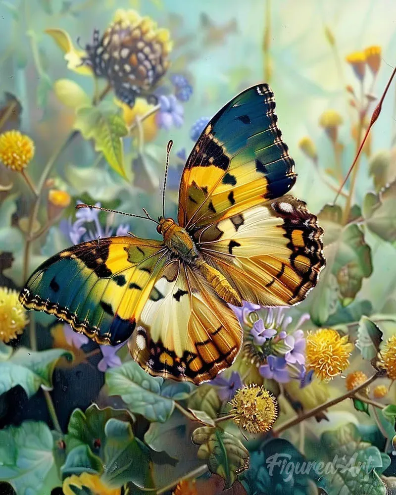 Broderie diamant Papillon Janetta Forester parmi les fleurs