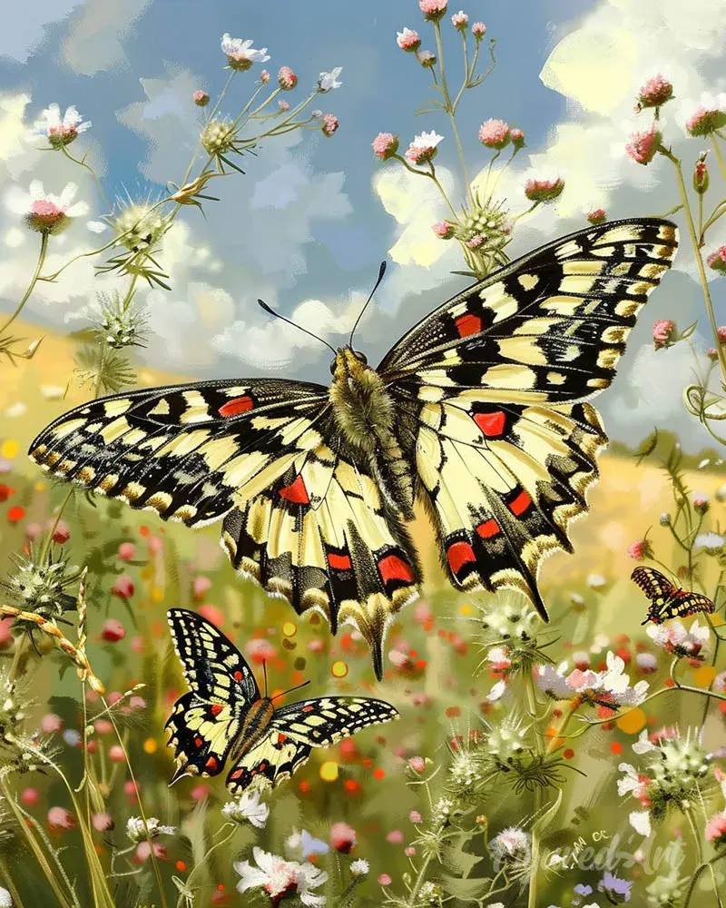 Papillon Proserpine et Fleurs des Champs - Broderie Diamant Mille Facettes