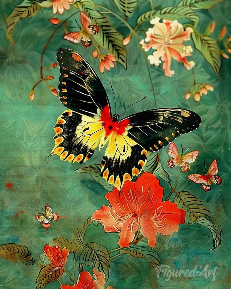 Broderie diamant Papillon Troide Minos parmi les fleurs - Kit complet