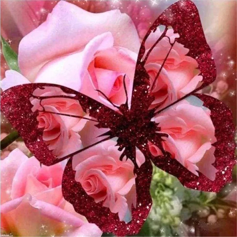 Broderie diamant Papillons et Rose - Élégance florale et légèreté