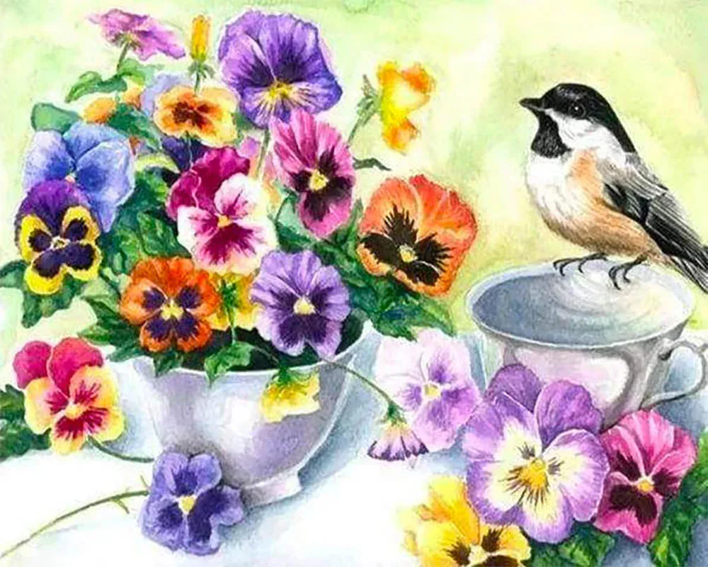 Broderie diamant Pensée et Petit Oiseau - Fleurs et animaux délicats