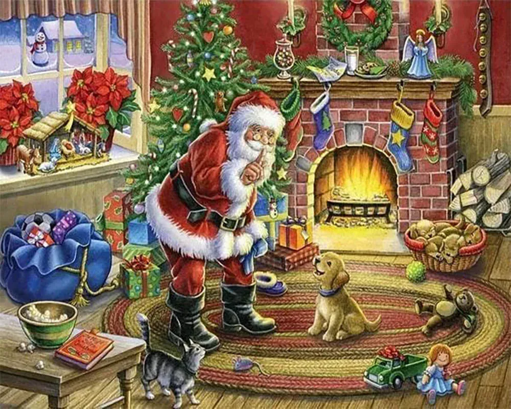 Broderie diamant Père Noël et son chien - Scène chaleureuse de Noël